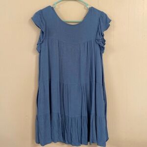 Short blue dress. It looks wrinkly, but that is just the style